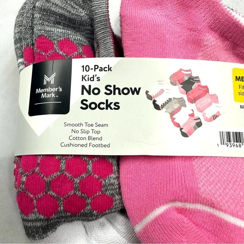 New Member's Mark 10 Pack Kid's No Show Socks Girls Medium Sizes 10-3